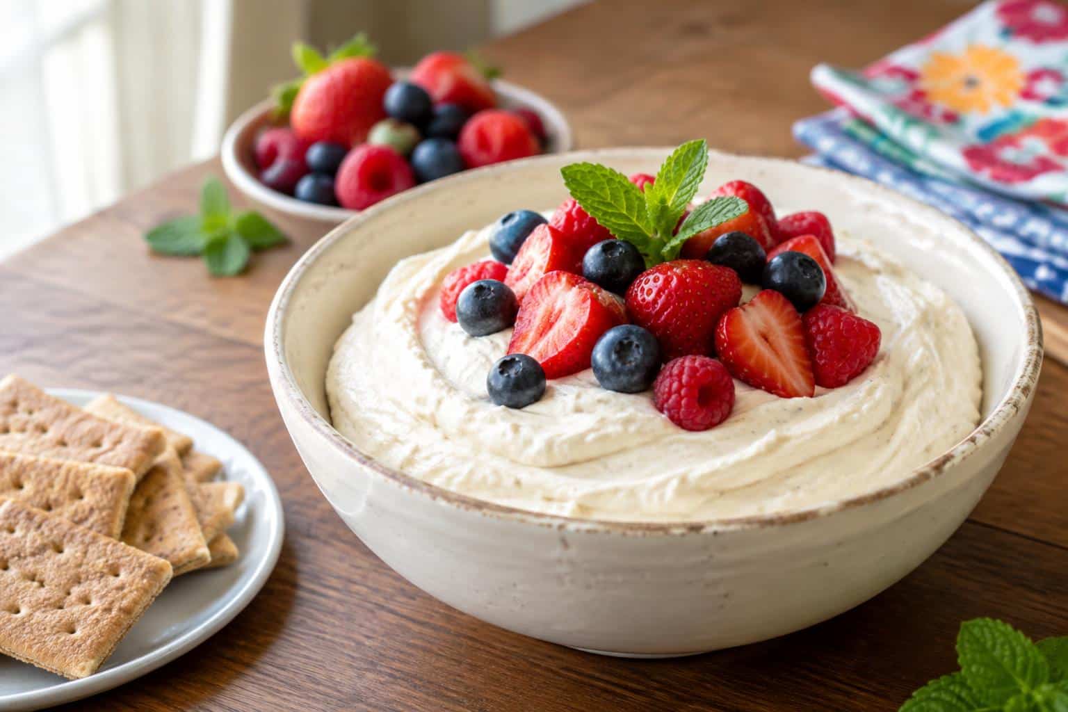 creamy dessert dip in white bowl garnished with fresh berries and mint leaves
