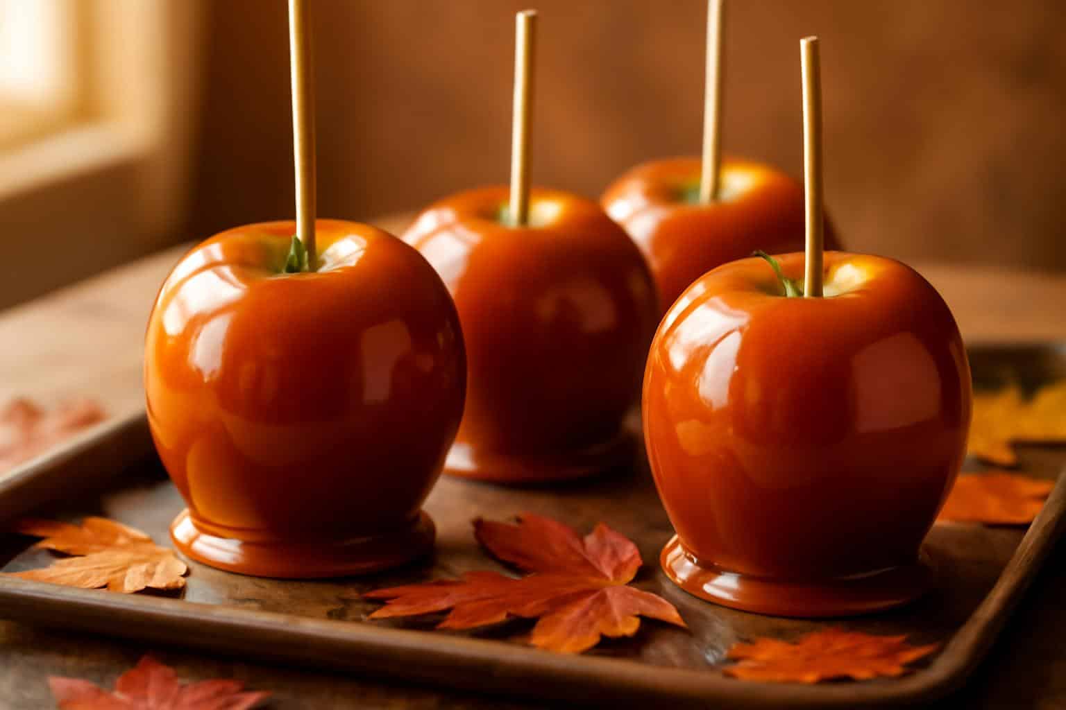 Easy and delicious sheet pan caramel apples coated in glossy caramel on a baking sheet