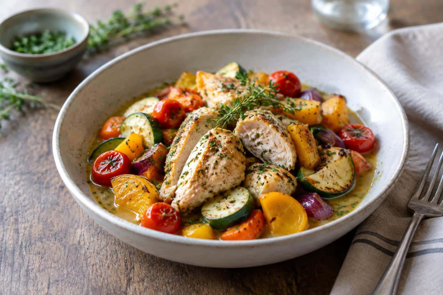 Easy dinner recipes dish with roasted vegetables and chicken under natural soft window light
