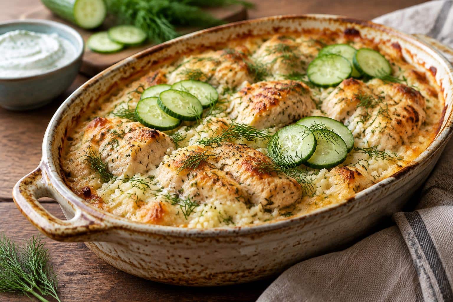 baked chicken tzatziki rice casserole garnished with fresh dill and cucumber slices