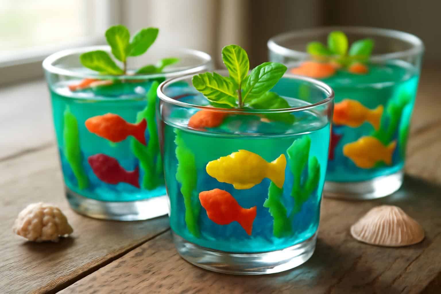Ocean-themed gelatin dessert with edible aquarium terrariums featuring blue gelatin and candy sea creatures