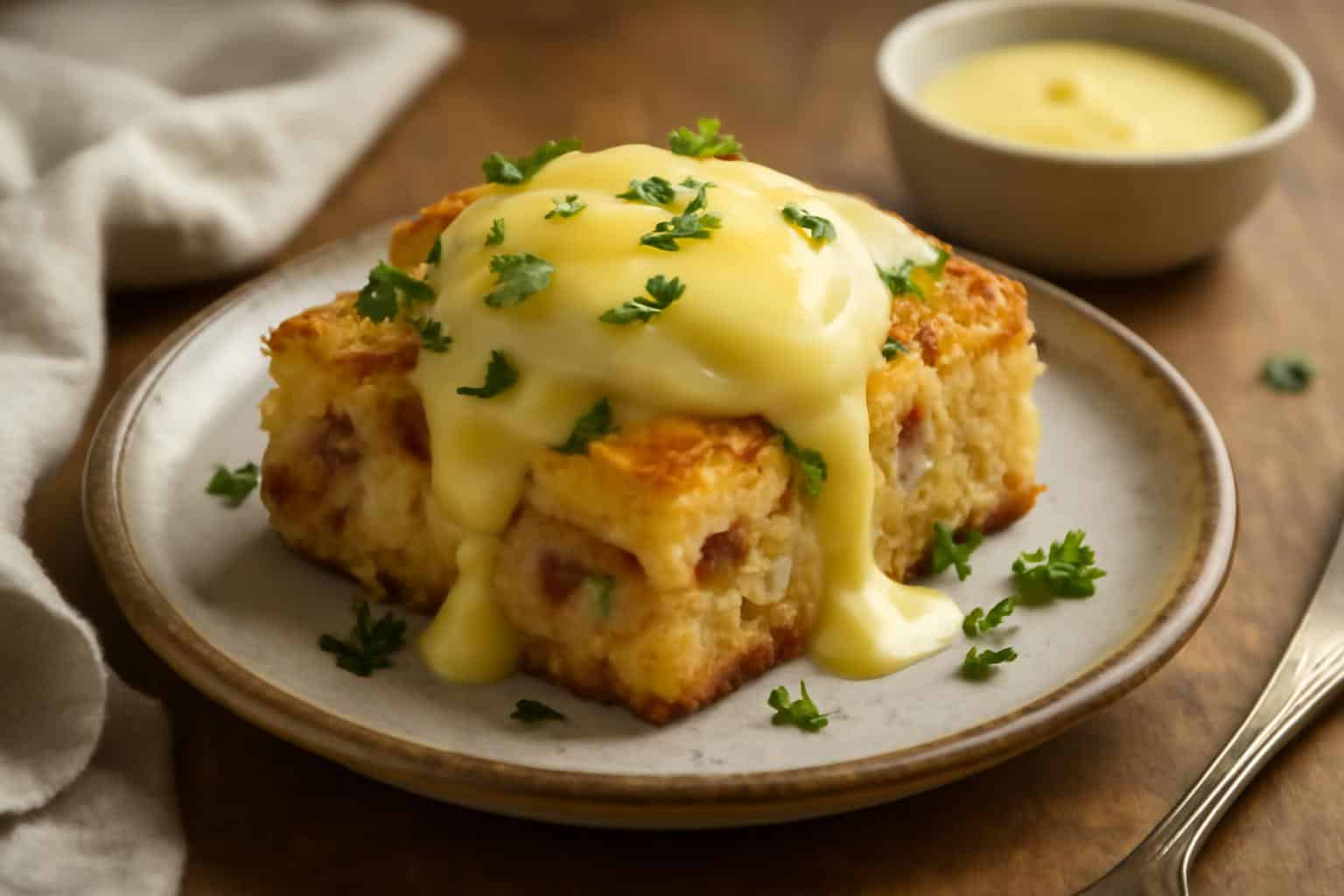 Slice of eggs benedict casserole garnished with parsley and hollandaise sauce on rustic plate