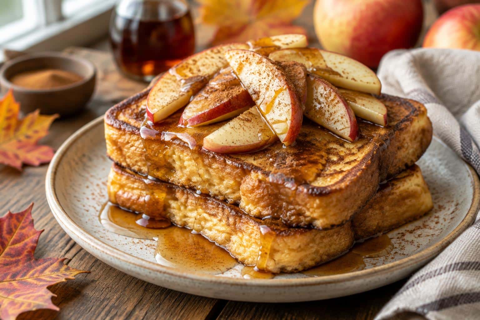 Stack of fall french toast topped with sliced apples and maple syrup in natural light