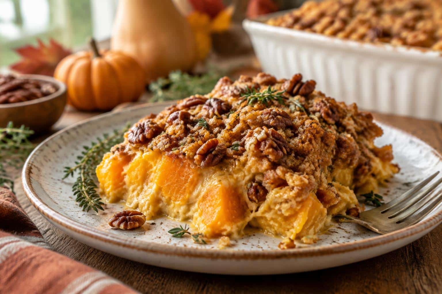 Creamy baked butternut squash casserole with crispy pecan topping, perfect easy fall recipes