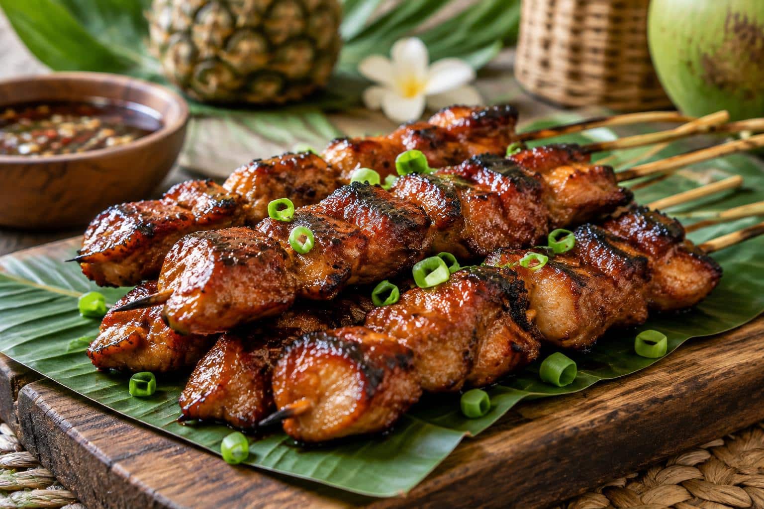 Caramelized skewers of Filipino chicken barbecue garnished with green onions