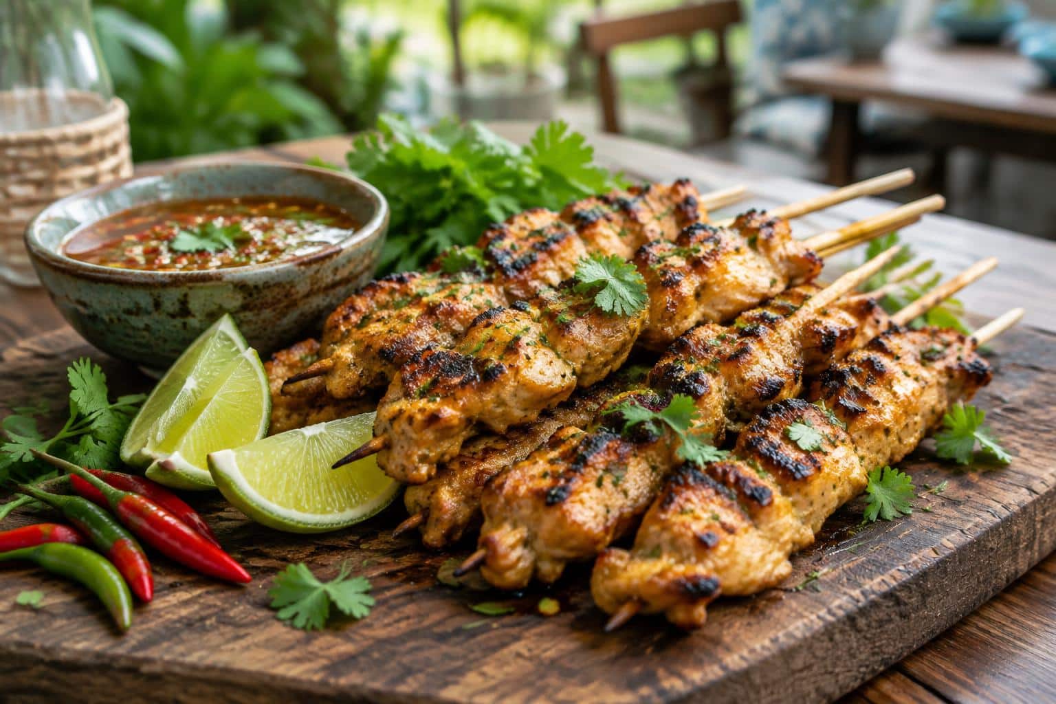 Grilled Thai chicken skewers garnished with cilantro and lime, showcasing flavorful char marks