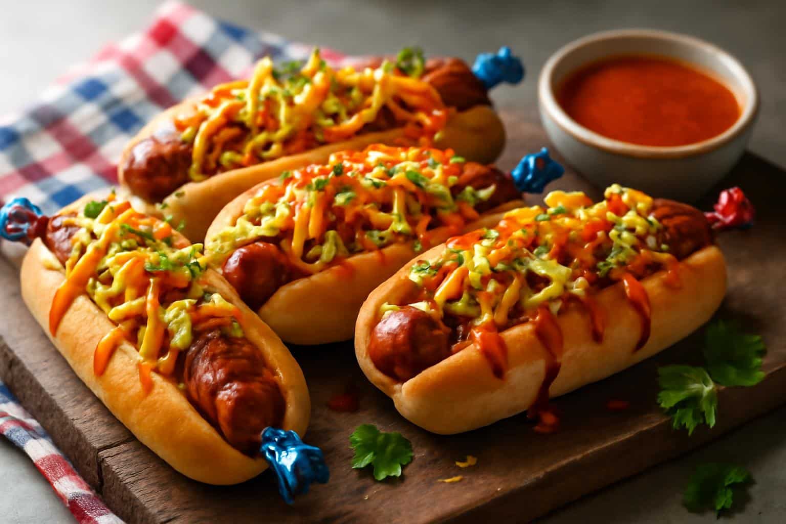 Grilled firecracker hot dogs topped with spicy slaw and sauce ready to serve, firecracker hot dogs