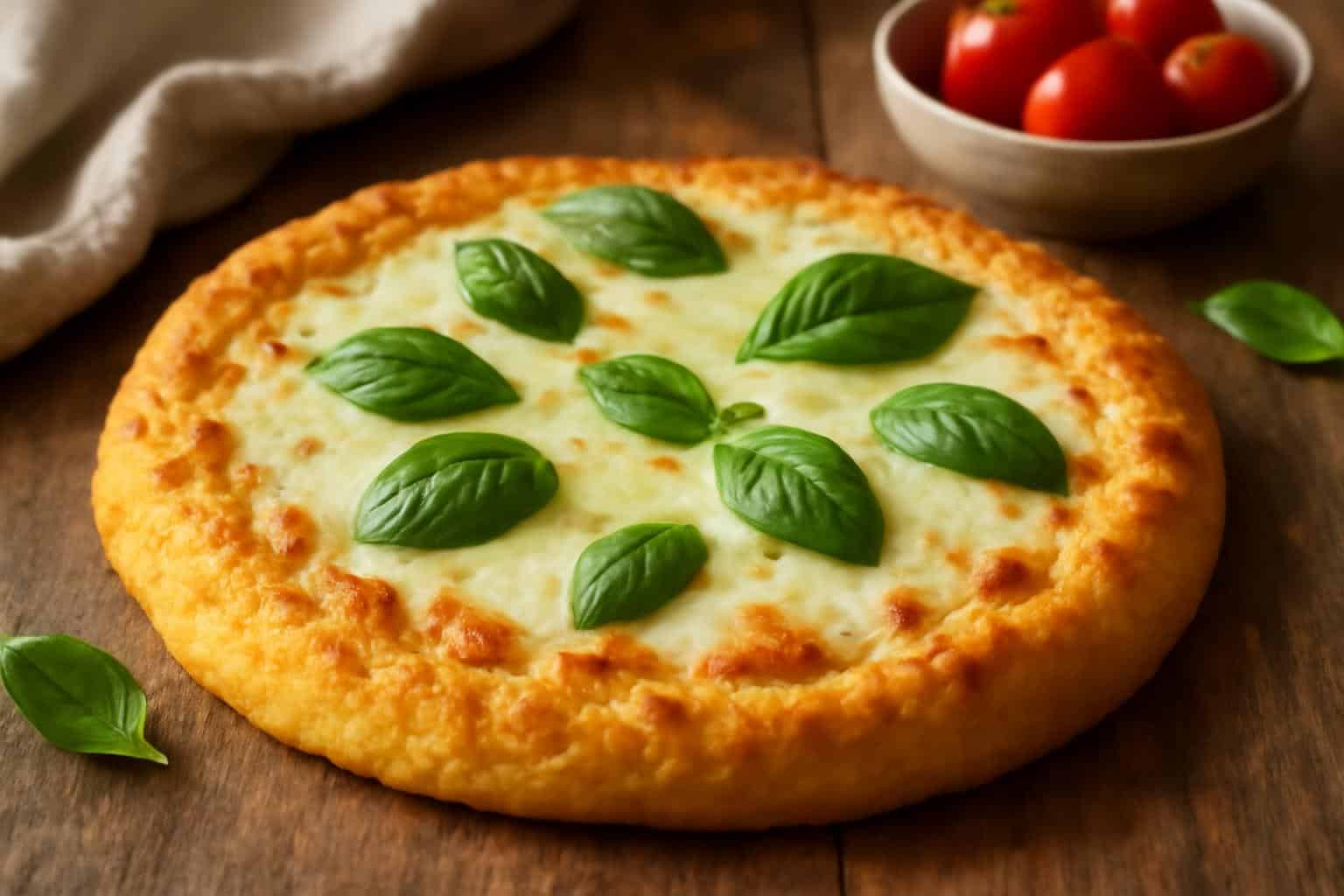 Fluffy air fryer pizza crust with cottage cheese, topped with melted cheese and fresh basil
