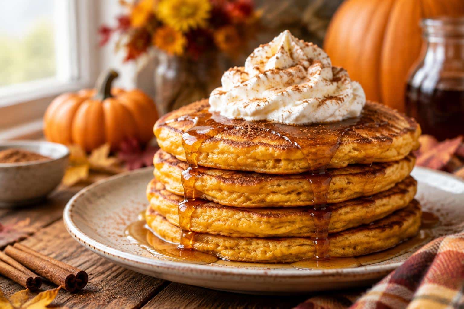 Stack of fluffy pumpkin pancakes topped with whipped cream and cinnamon, perfect fall morning treat pumpkin pancakes