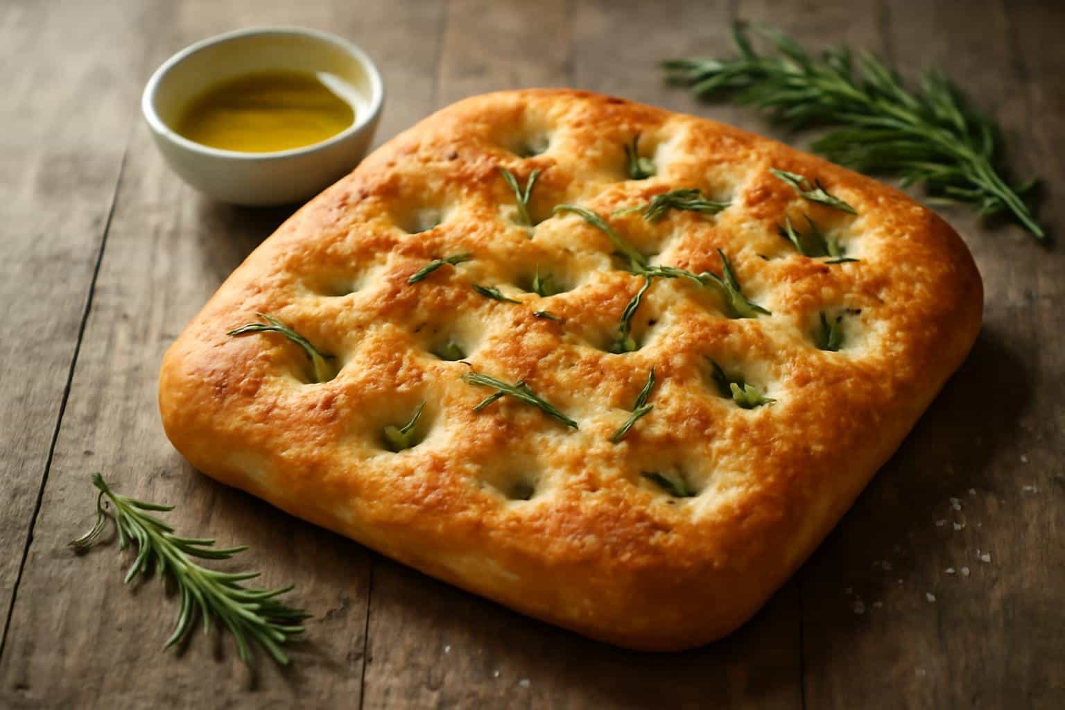 Golden easy focaccia bread topped with rosemary and sea salt on rustic surface