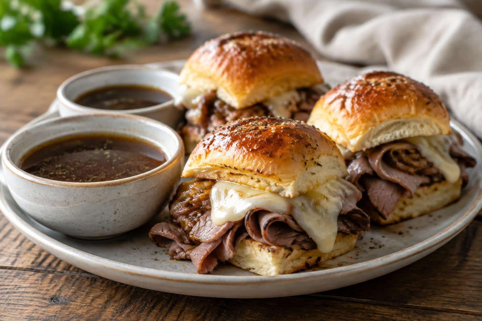 Plate of easy french dip sliders with roast beef and au jus dipping sauce