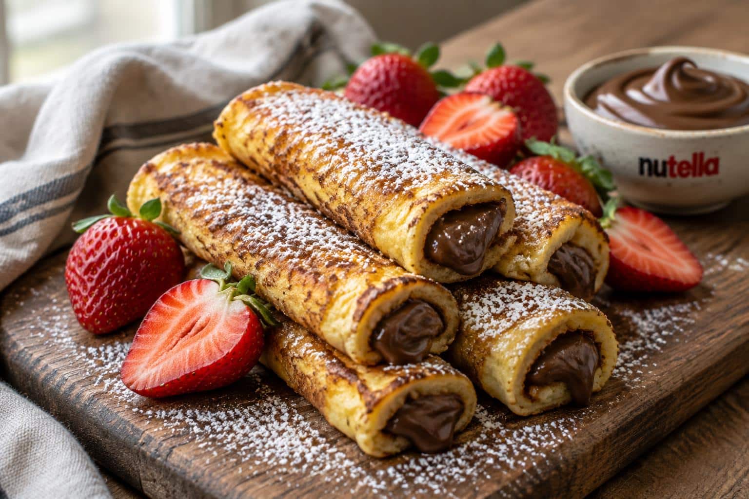 Golden French toast roll with creamy Nutella center and powdered sugar on rustic wooden board