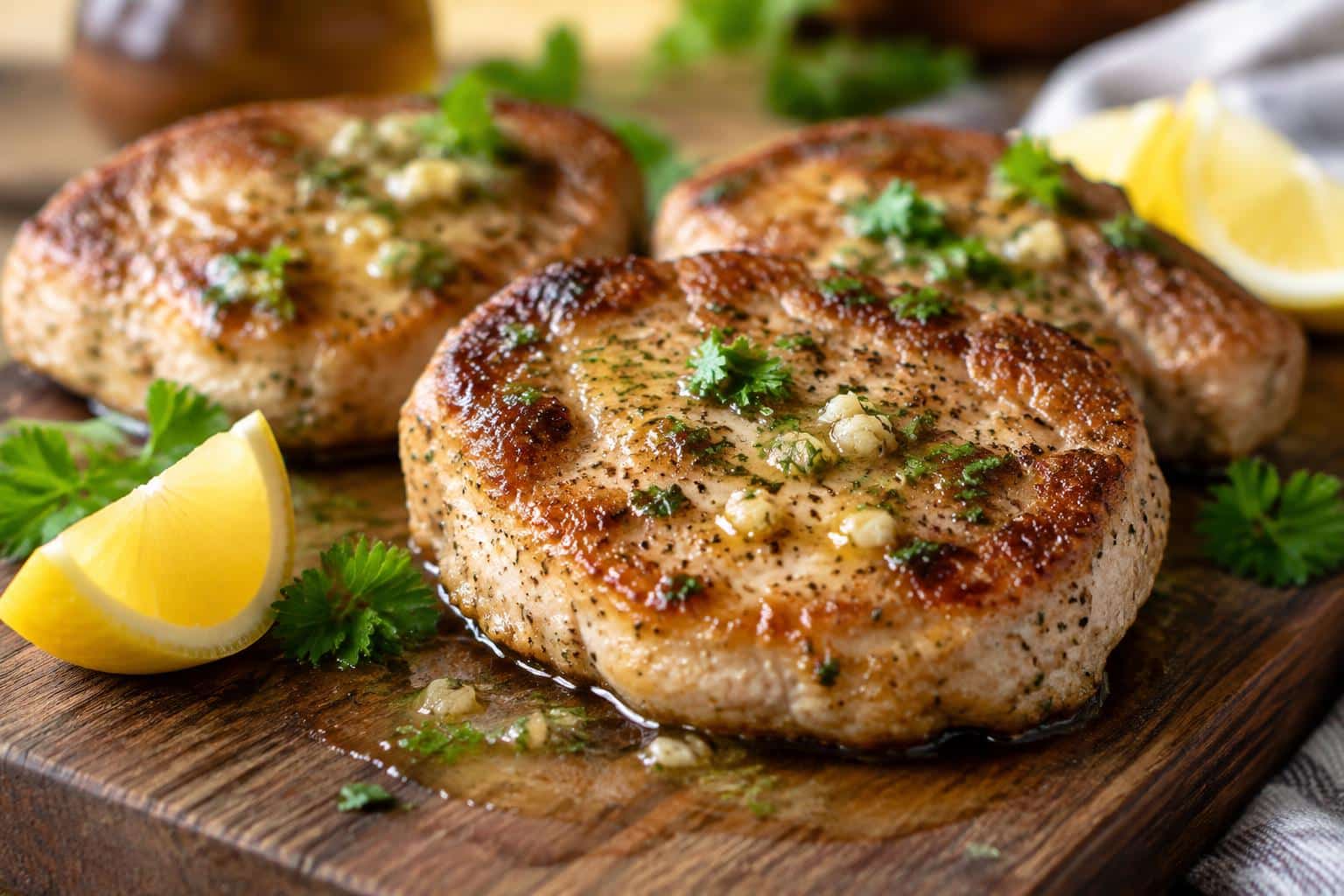 Garlic-butter boneless pork chops garnished with parsley and lemon wedges on rustic board