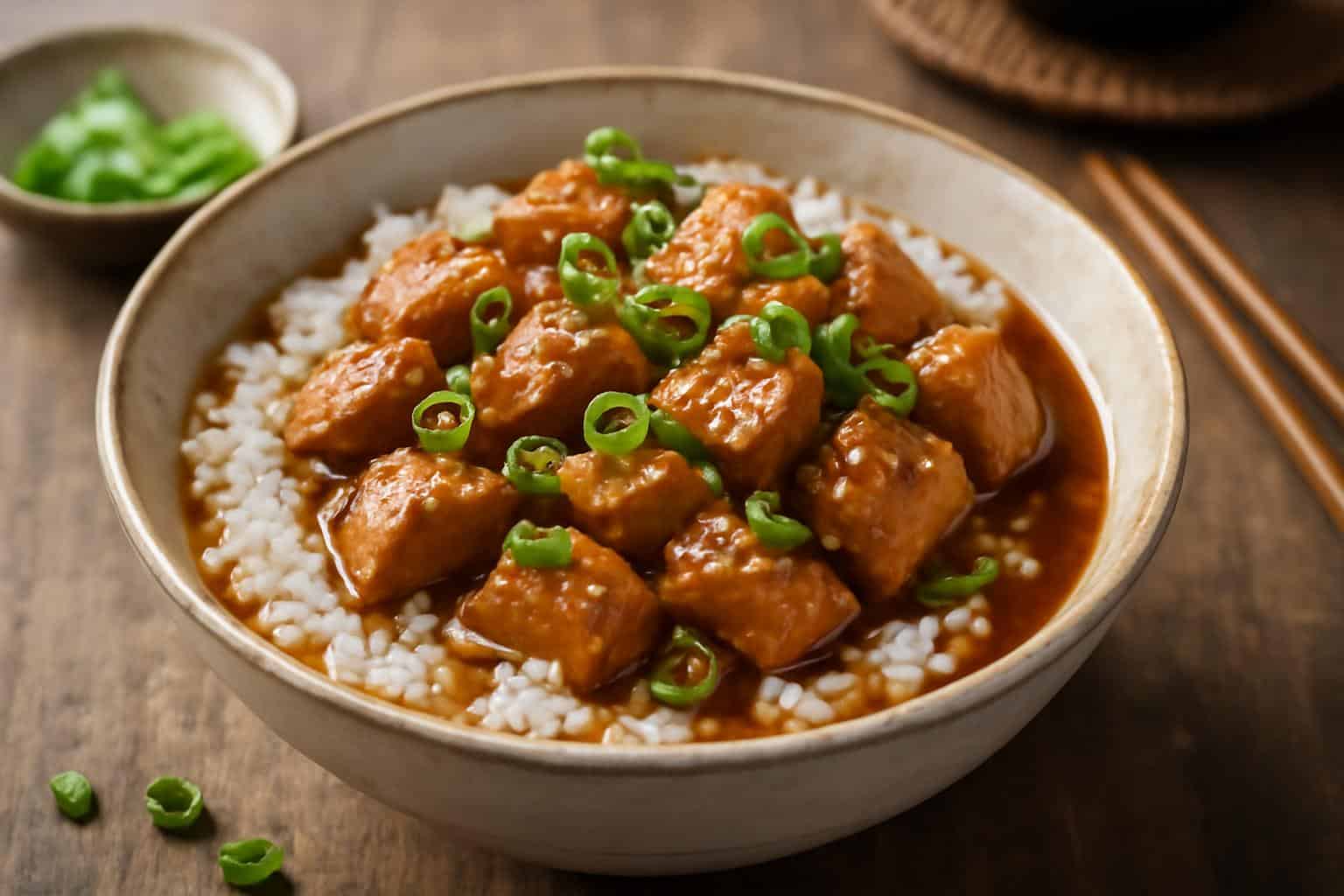 Garlic ginger soy chicken in savory broth served over rice garnished with green onions and sesame seeds