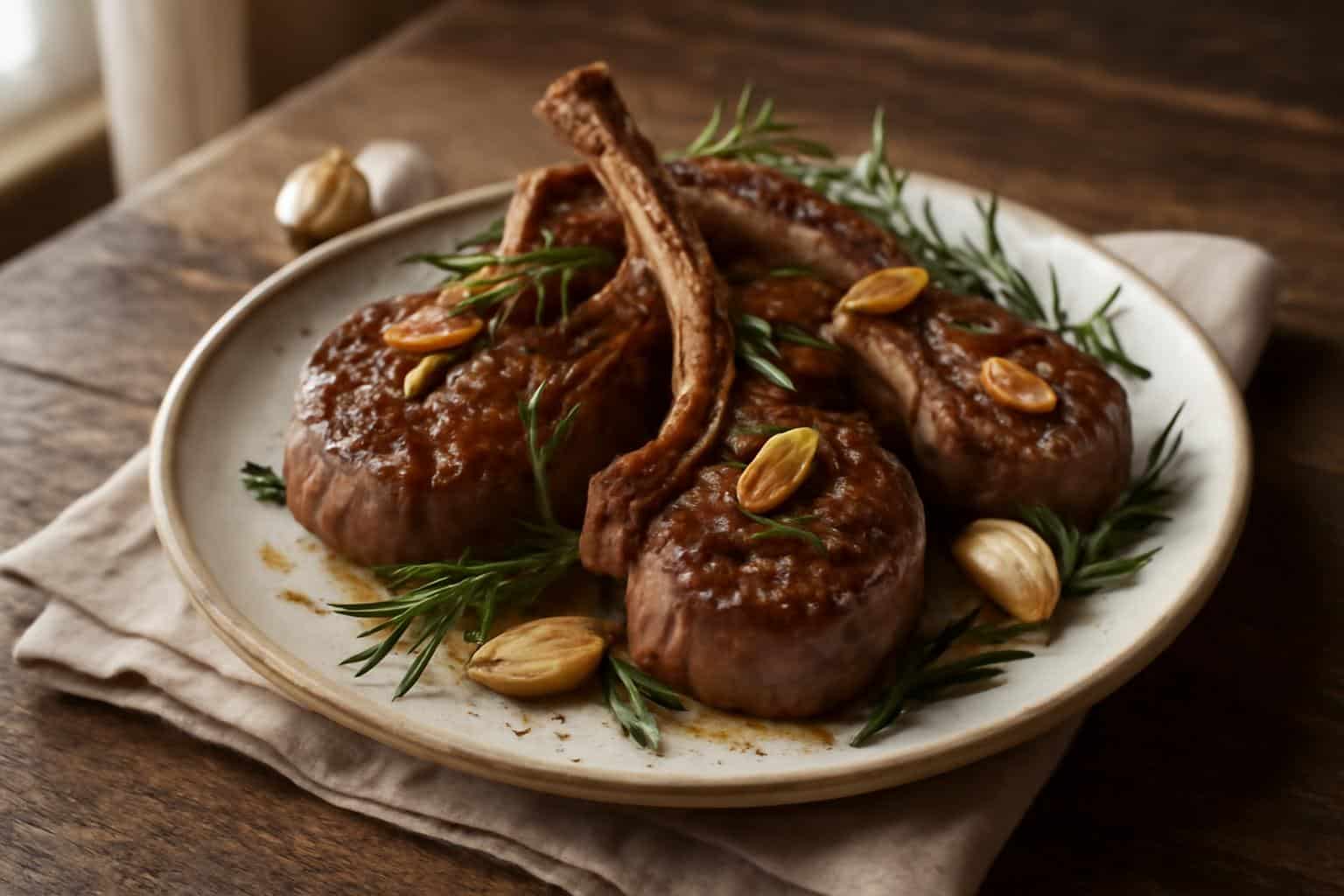 Juicy garlic rosemary lamb chops garnished with fresh rosemary and garlic cloves