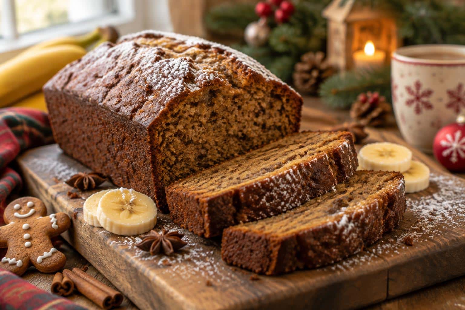 Sliced gingerbread cookie banana bread on wooden board with garnish, a cozy holiday breakfast treat