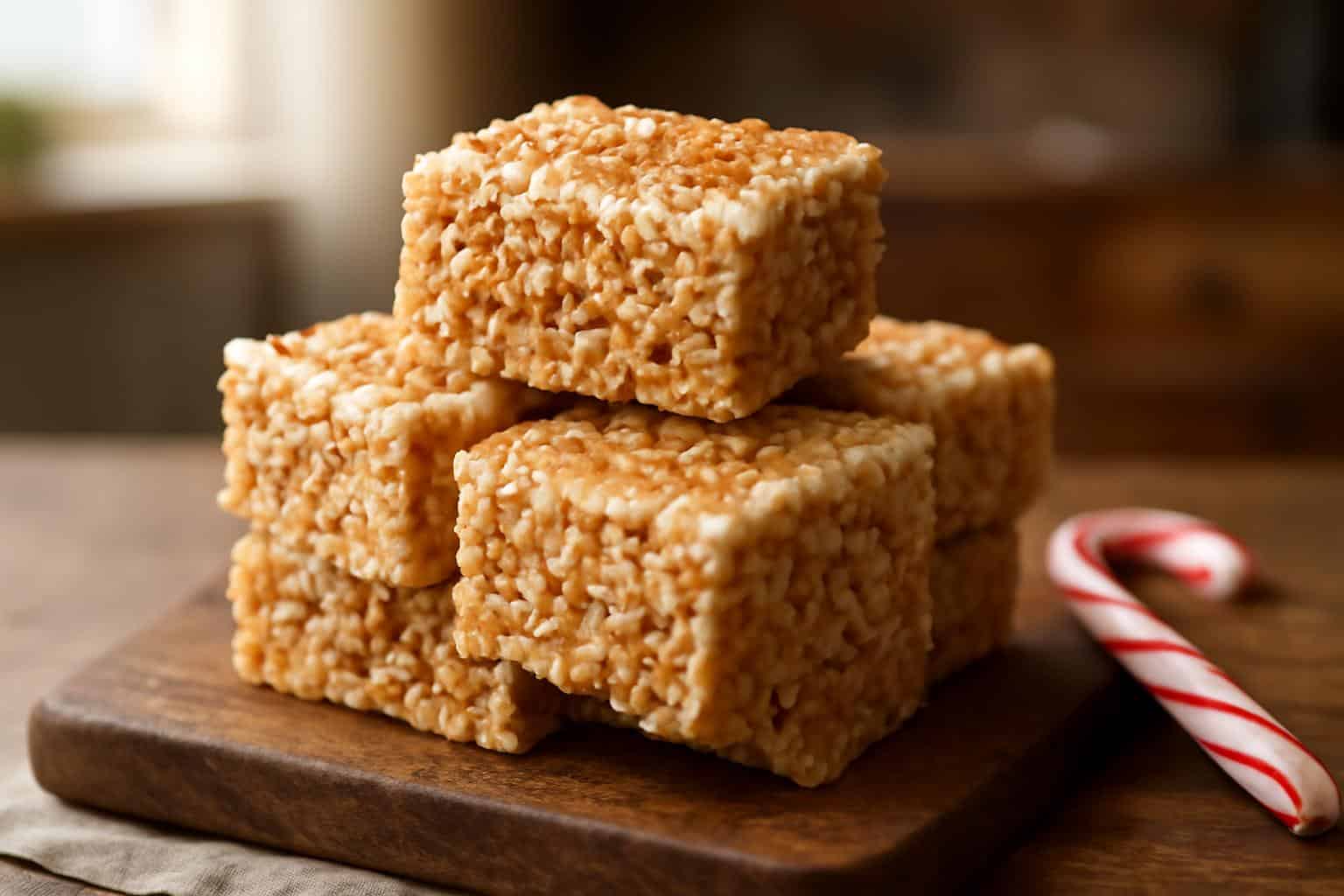 Gingerbread rice krispie treats stacked on a wooden board with cinnamon garnish