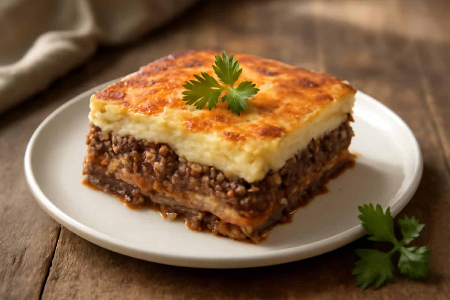 Creamy easy Greek moussaka with golden béchamel topping and savory layers