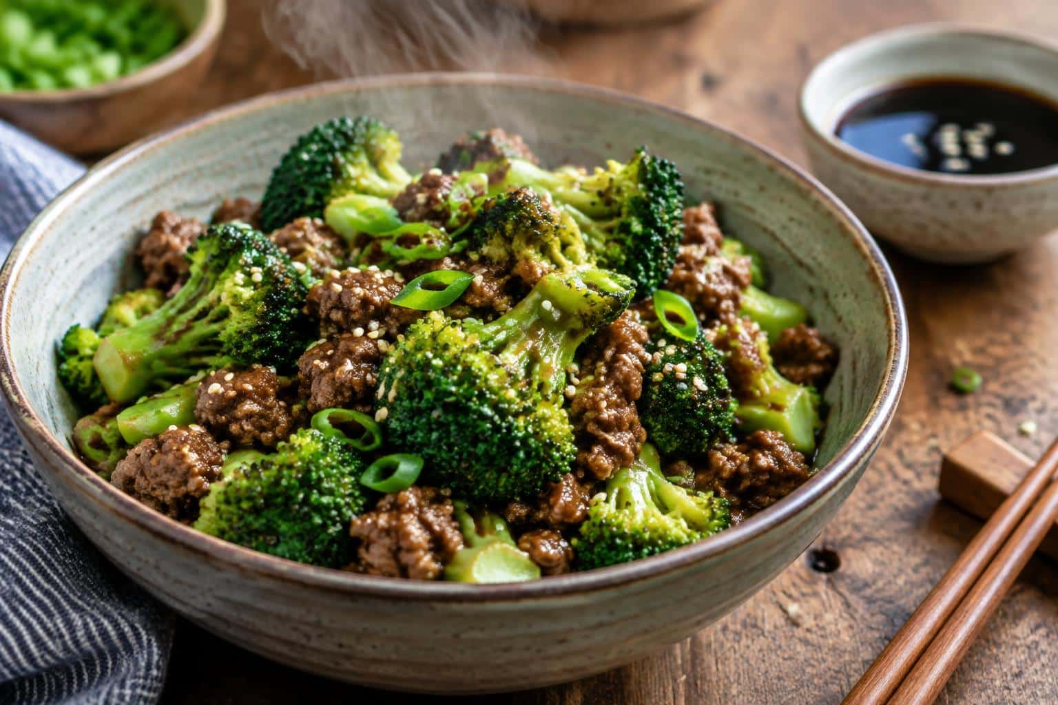 ground beef and broccoli stir-fry in a bowl garnished with sesame seeds and green onions