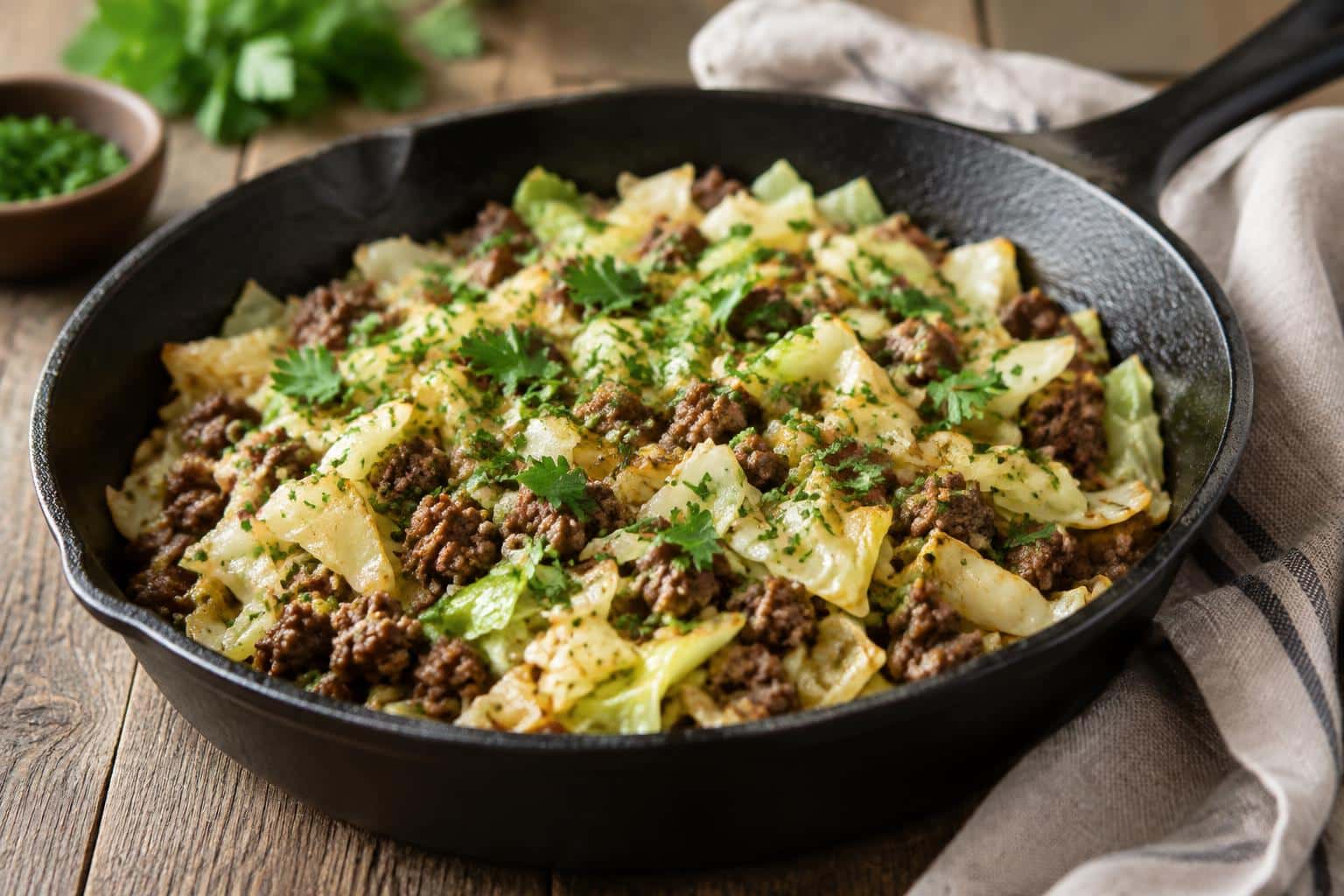 Ground beef and chopped cabbage skillet dinner with fresh parsley garnish on a rustic wooden table