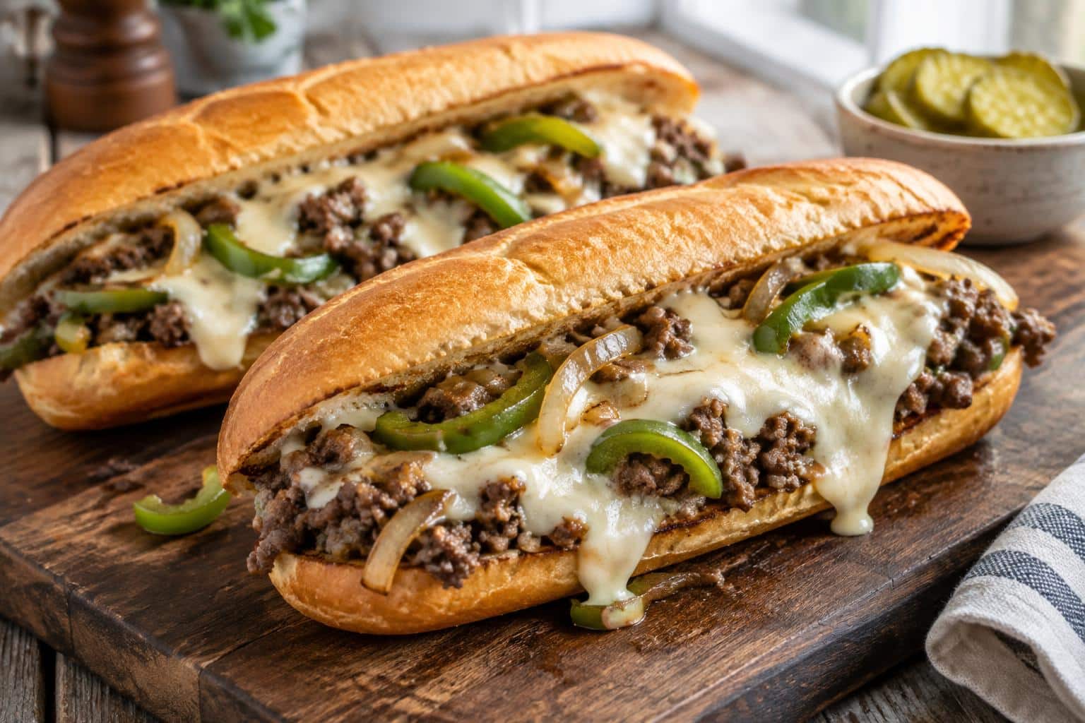 Two ground beef Philly cheesesteaks with melted creamy cheese and sautéed onions on toasted hoagie rolls