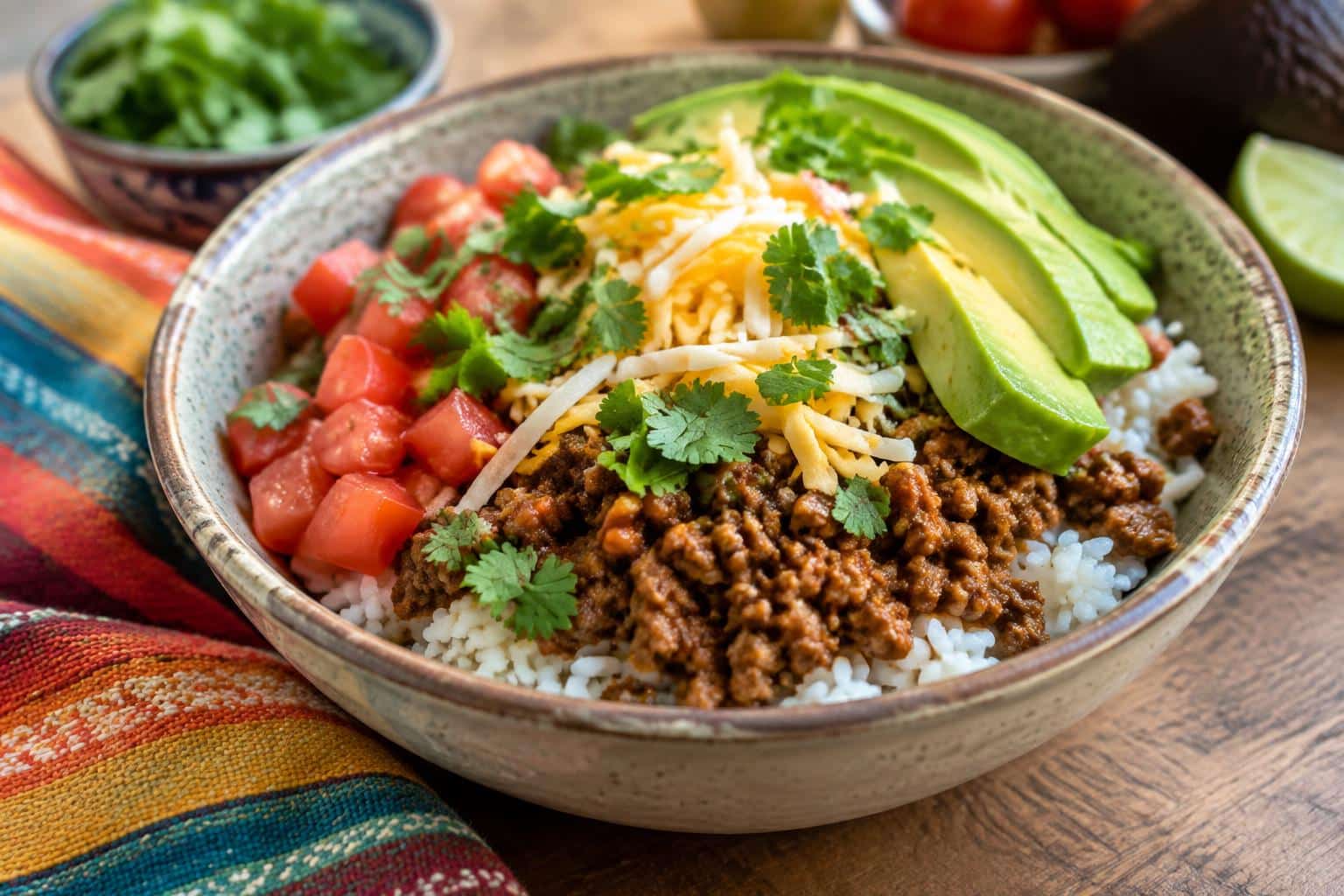 Ground beef taco rice bowl with seasoned beef, rice, avocado, tomatoes, and cheese