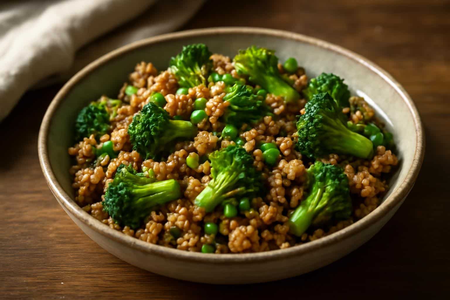 Ground chicken stir fry with broccoli in rustic bowl garnished with sesame and green onions
