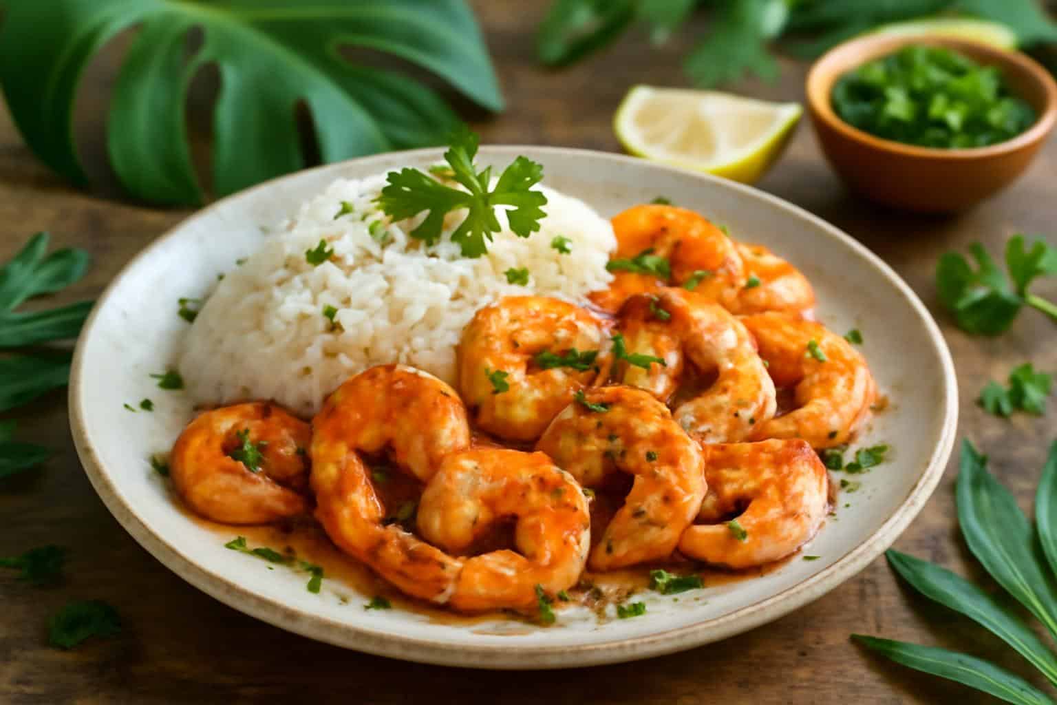 plate of hawaiian garlic shrimp with rice and parsley garnish under natural soft light