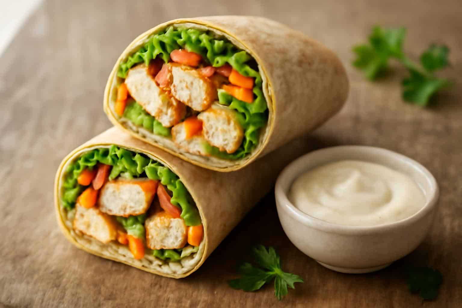 Healthy chicken wrap with grilled chicken and fresh veggies in a whole wheat wrap on rustic surface