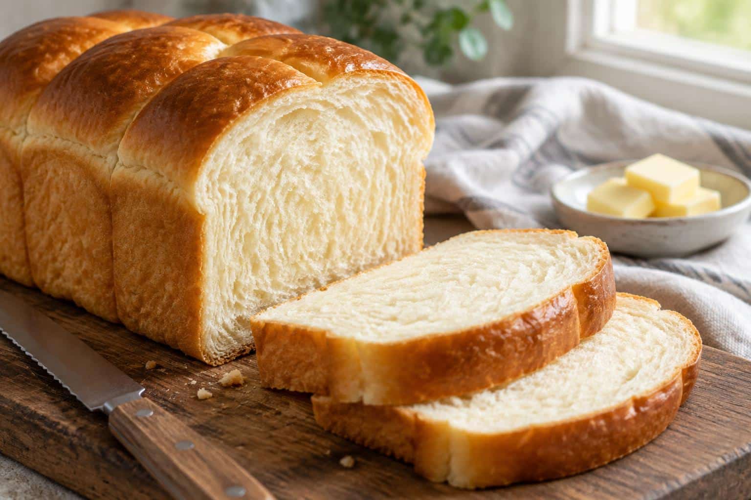 Freshly baked soft milk bread sliced on a wooden board with a tender fluffy texture