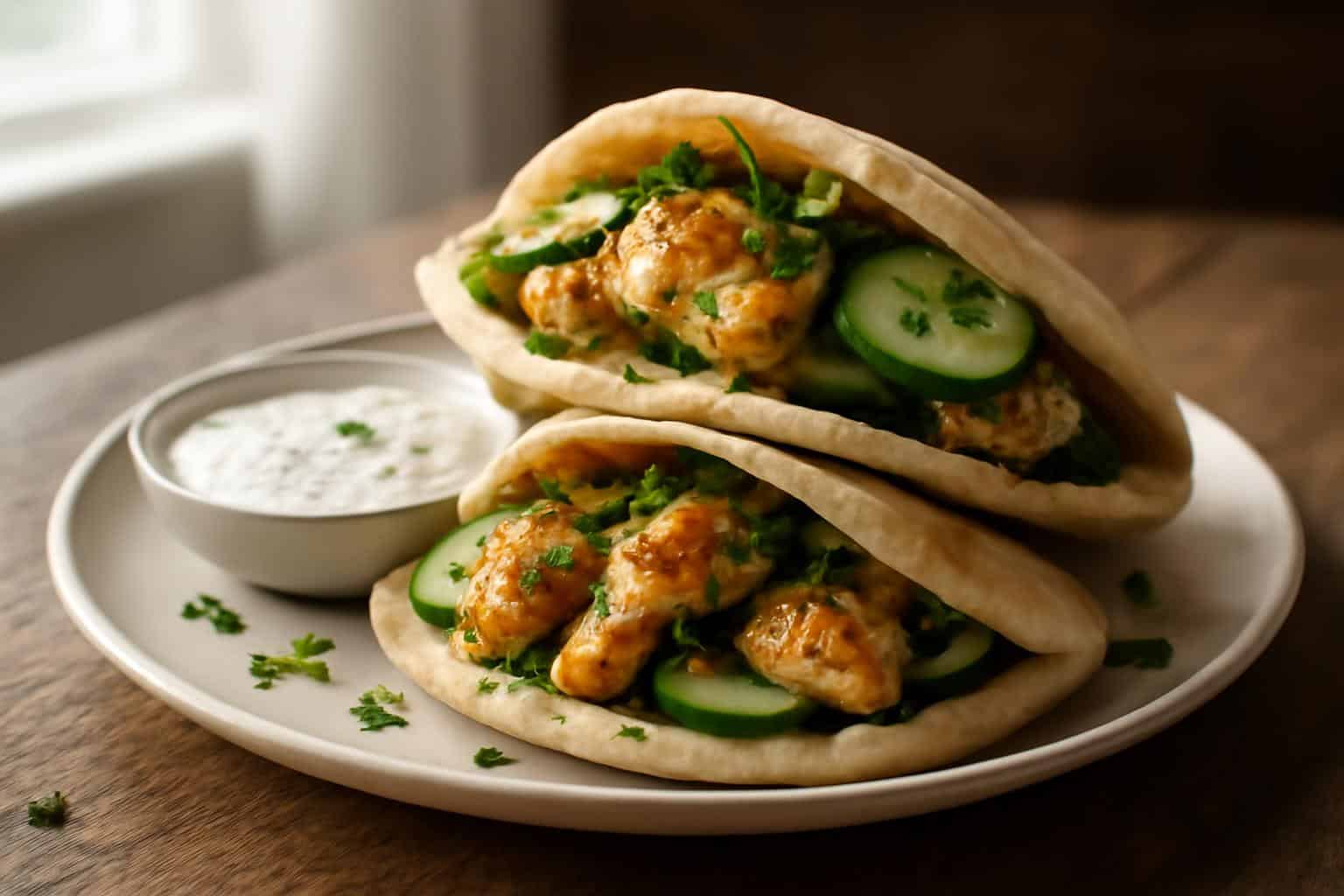 Herb-infused chicken pitas with creamy ranch sauce on rustic wooden plate