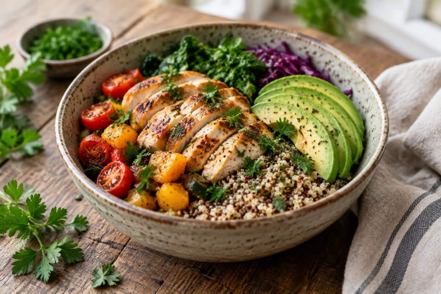 High protein recipe chicken quinoa bowl garnished with fresh herbs and avocado