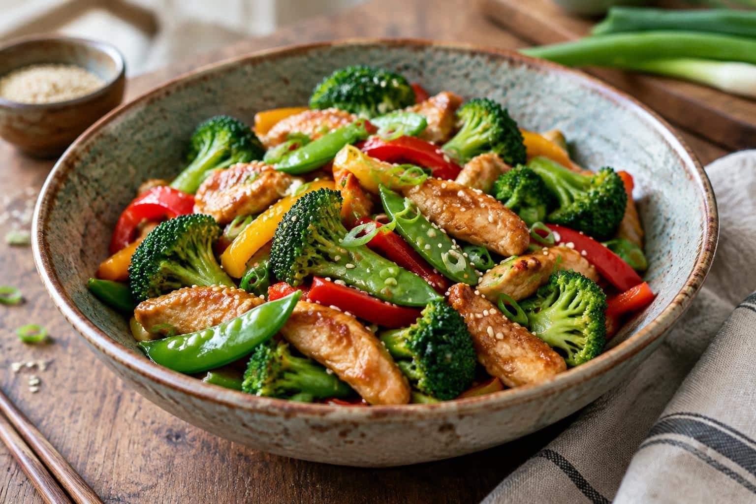 High protein recipe chicken stir-fry with fresh vegetables garnished with sesame seeds