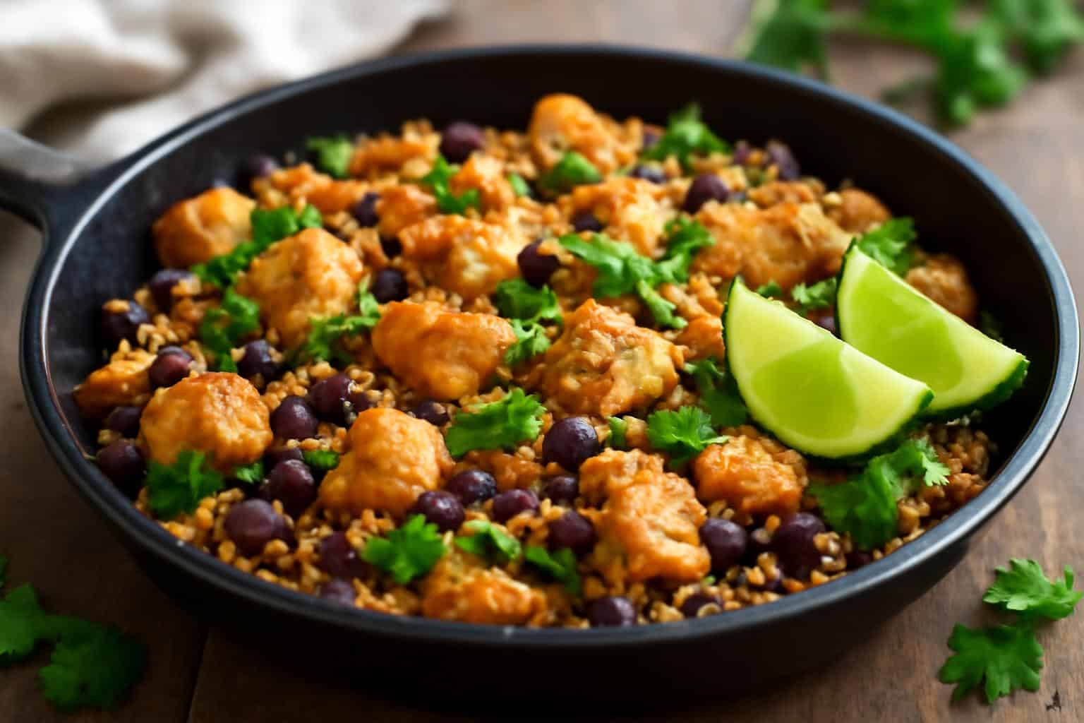 High protein recipe skillet with chicken, quinoa, and black beans in natural light