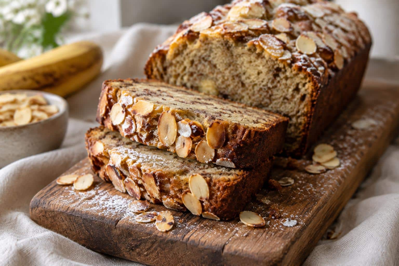 Sliced almond croissant banana bread with toasted almonds and powdered sugar on a wooden board