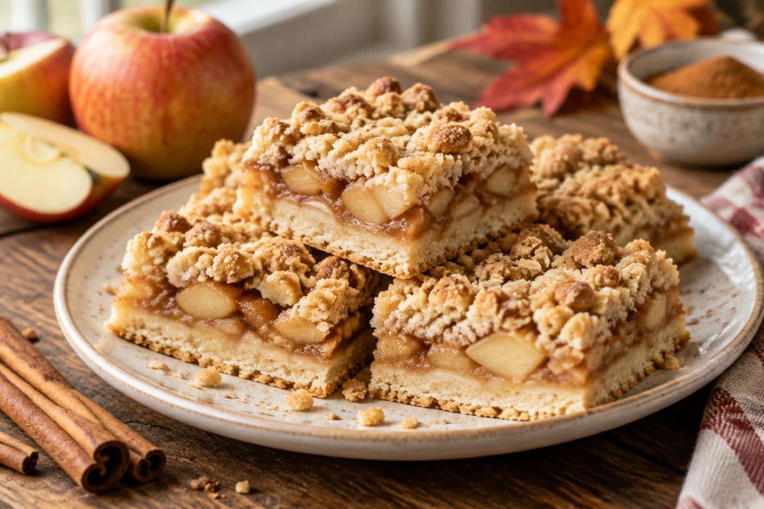 Plate of apple crisp shortbread bars with crumbly topping in natural light