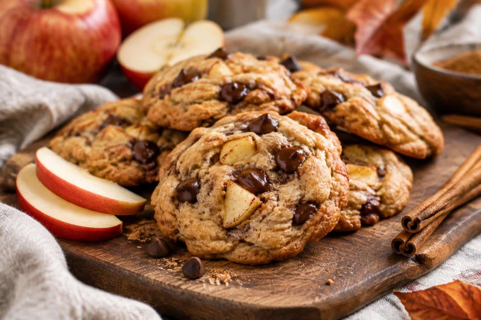 Freshly baked apple pie cookies with chocolate chips on rustic board, apple pie cookies