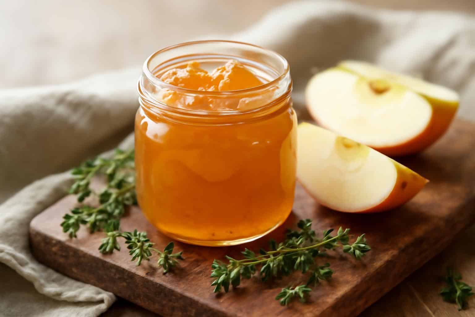 Jar of apple thyme jam with fresh thyme and sliced apples, apple thyme jam spread