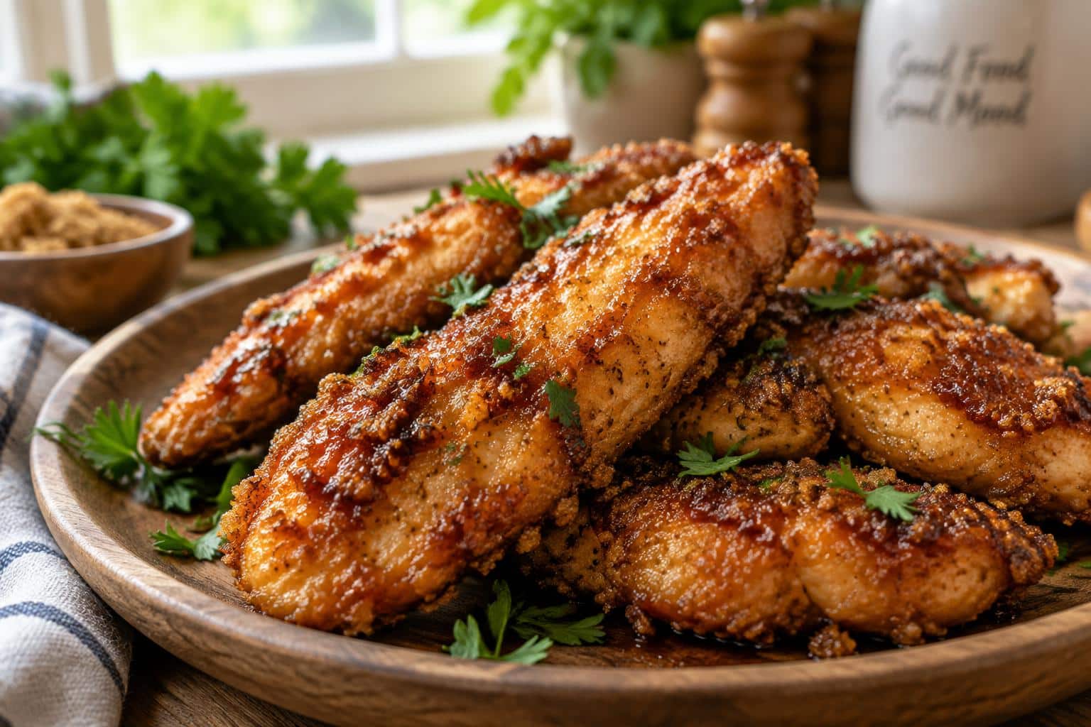 Golden baked bacon brown sugar chicken tenders garnished with parsley on a rustic plate