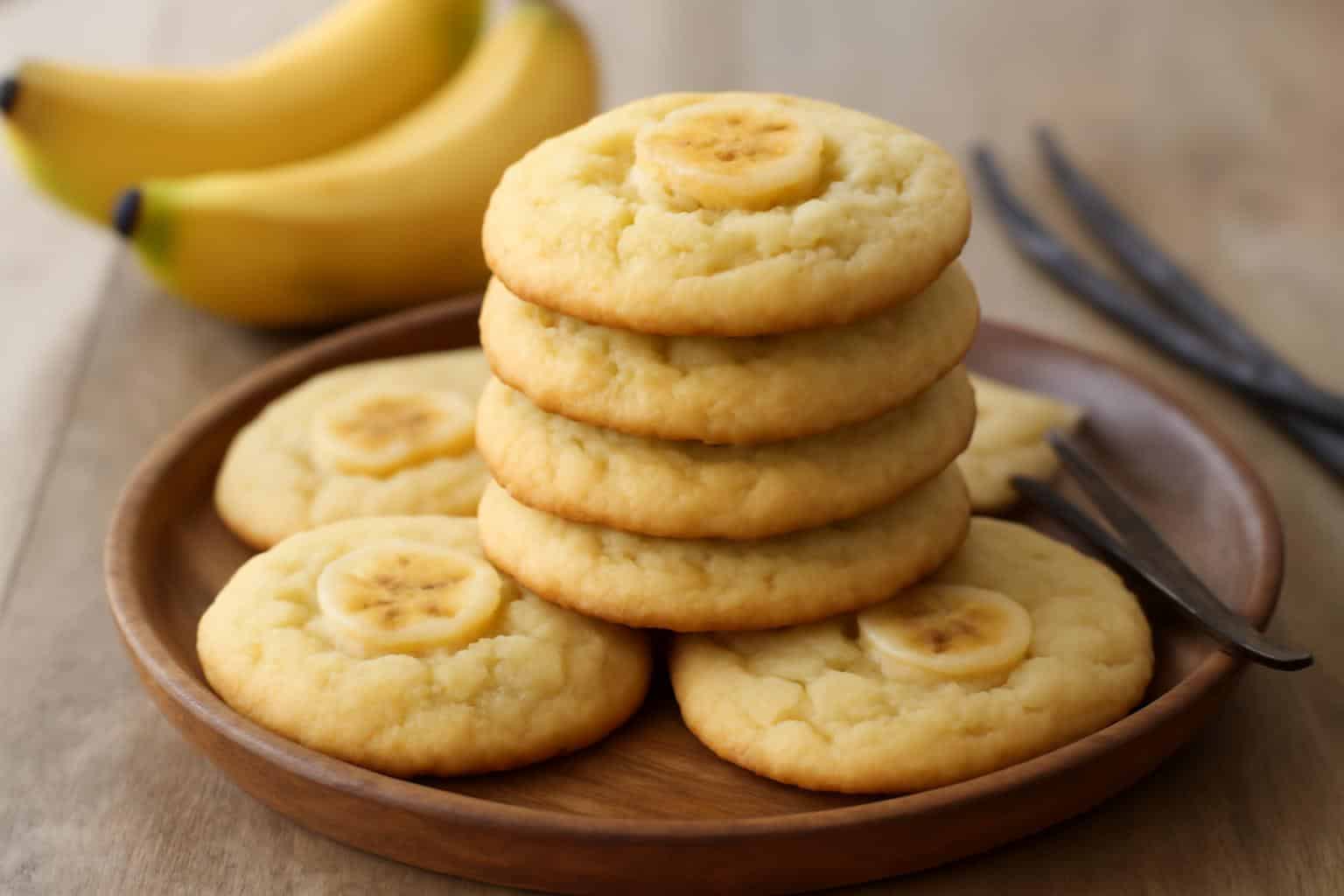 Stack of creamy banana pudding cookies with banana chips in soft window light