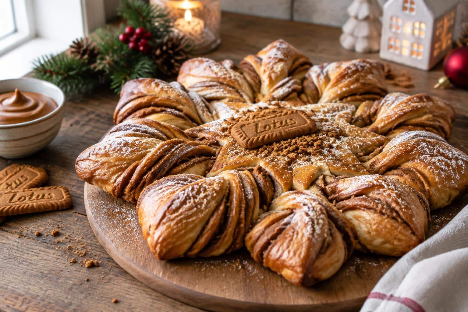 Golden baked biscoff star wreath on rustic surface with powdered sugar, showcasing the biscoff star wreath
