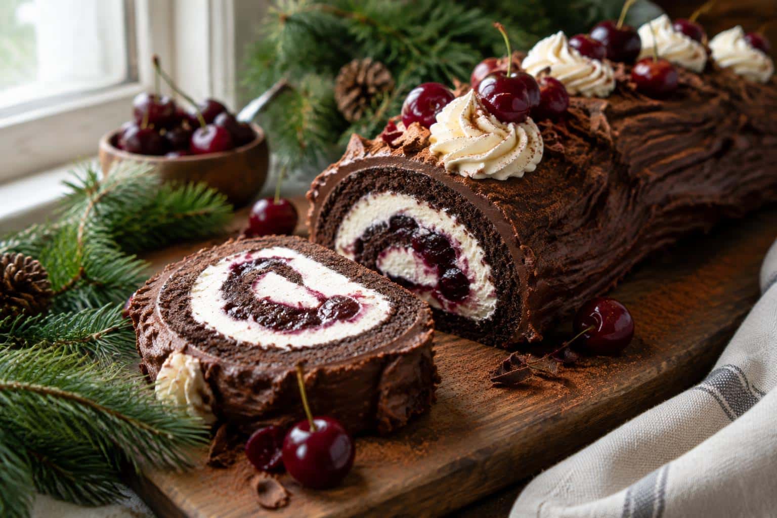 Sliced black forest yule log dessert with whipped cream and cherries on wooden board