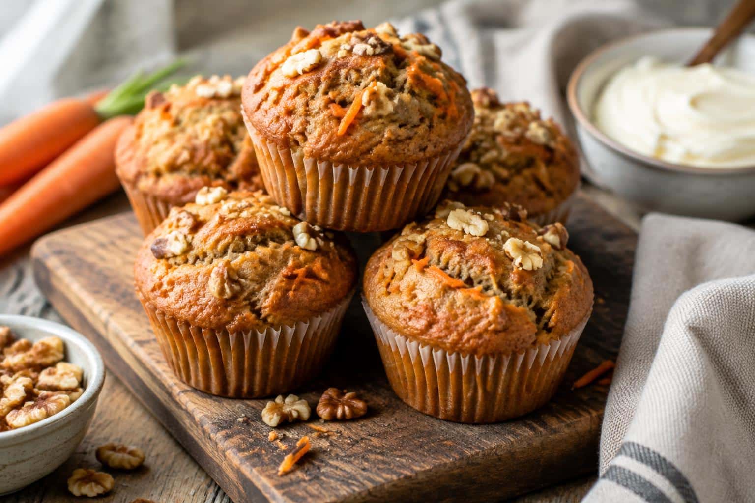 Freshly baked easy homemade carrot muffins with golden tops and chopped walnuts