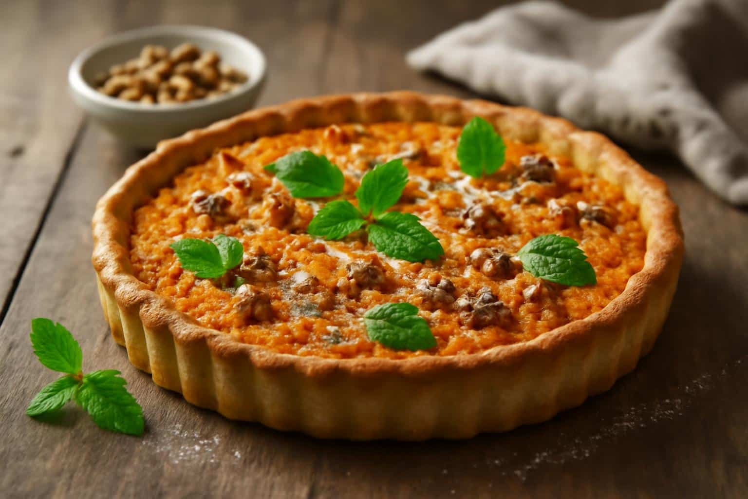 Crispy homemade carrot walnut tart with golden crust and walnut garnish