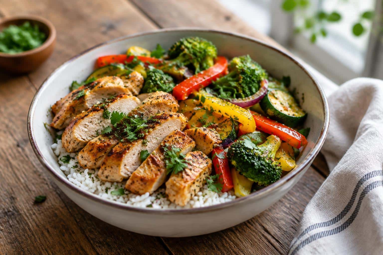 Delicious chicken bowl with seared chicken, rice, and sautéed vegetables garnished with fresh herbs