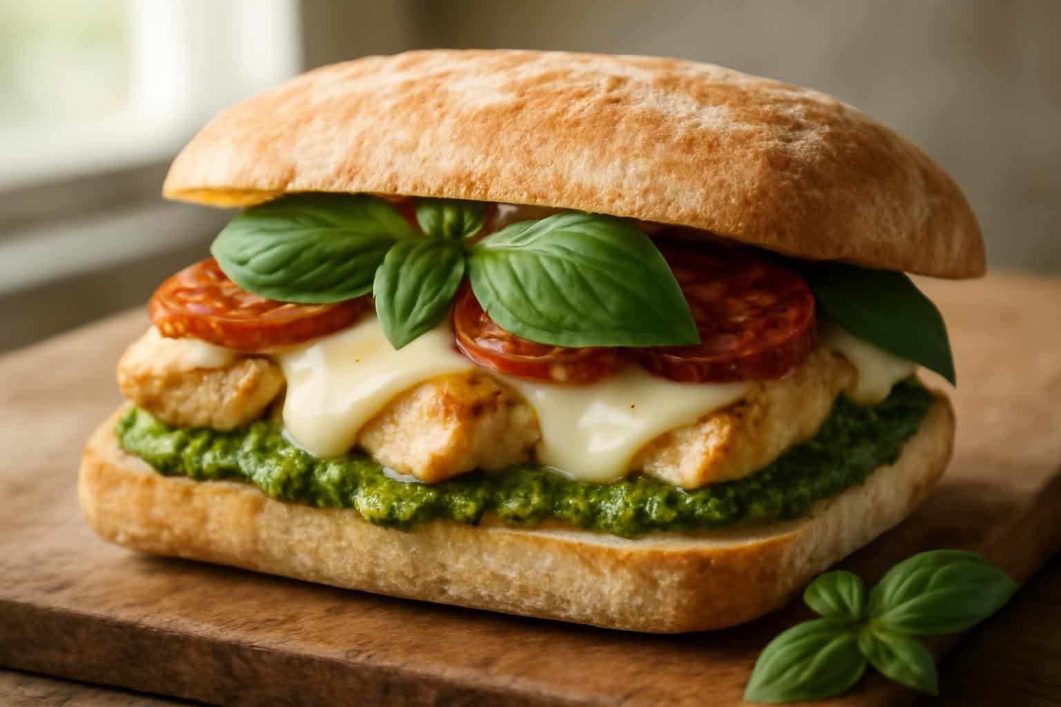 Chicken pesto sandwich with creamy pesto spread and fresh basil on artisan bread