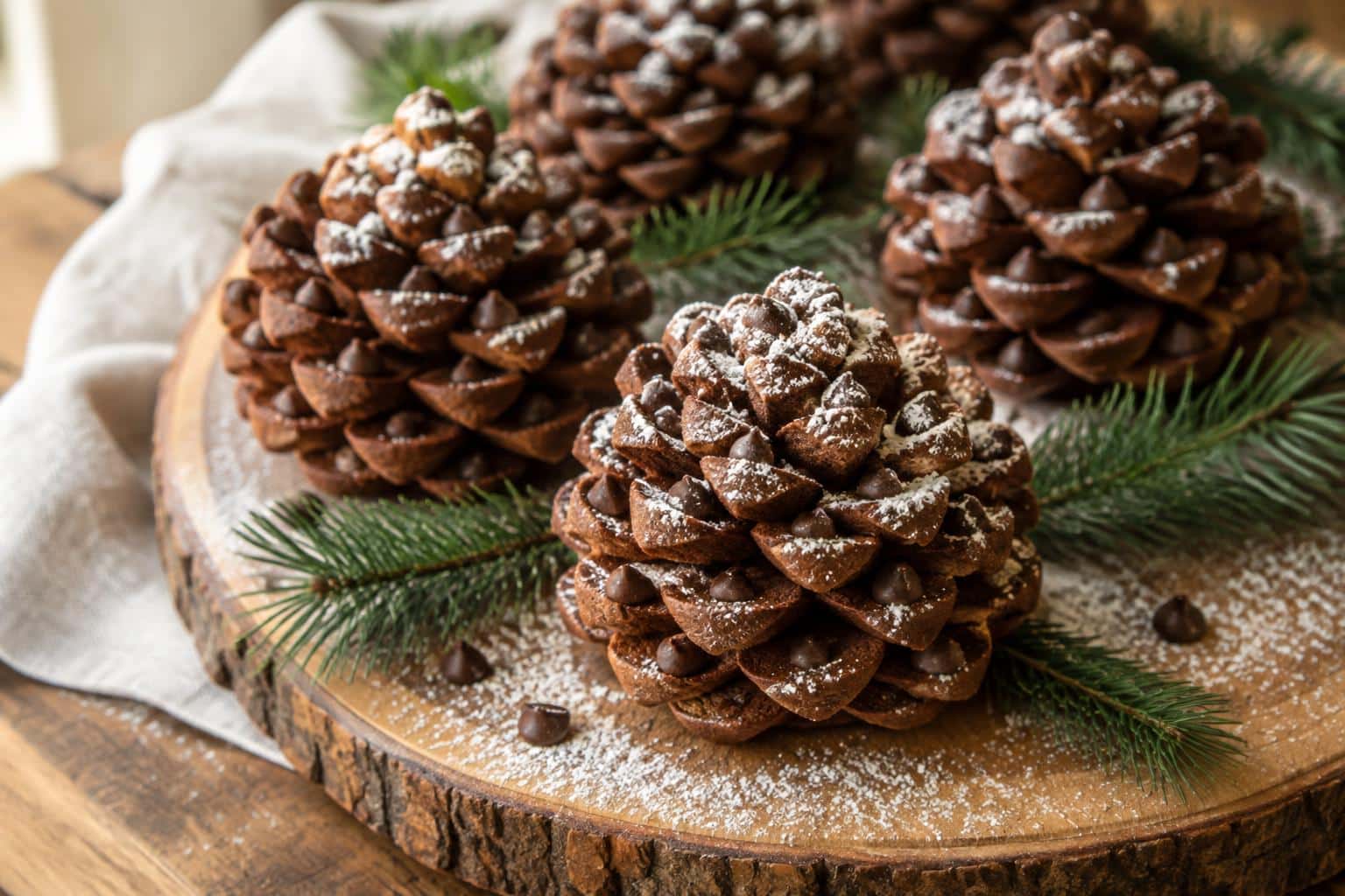 Delicious homemade chocolate cake pinecones on rustic platter with pine garnish and powdered sugar