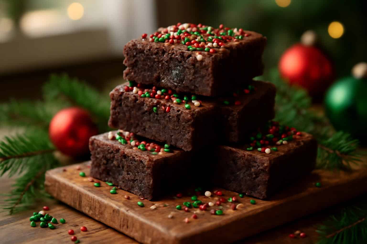 plate of easy homemade Christmas brownies with festive sprinkles and holiday decorations