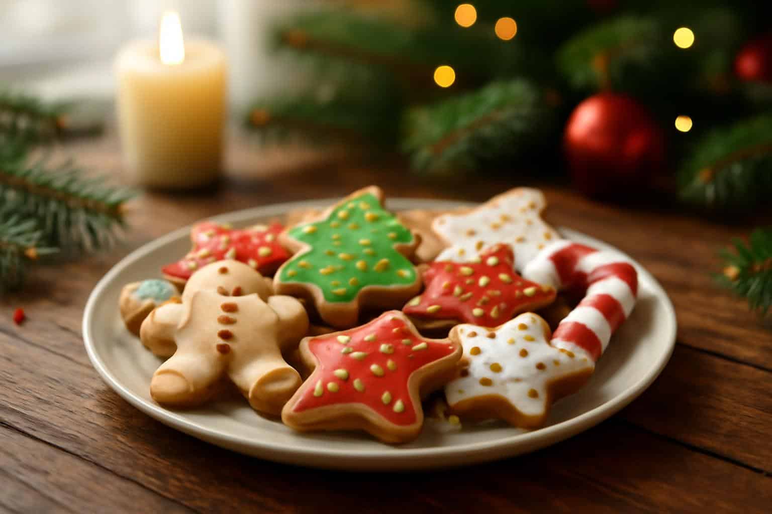 Plate of homemade christmas cookies decorated with festive icing and sprinkles
