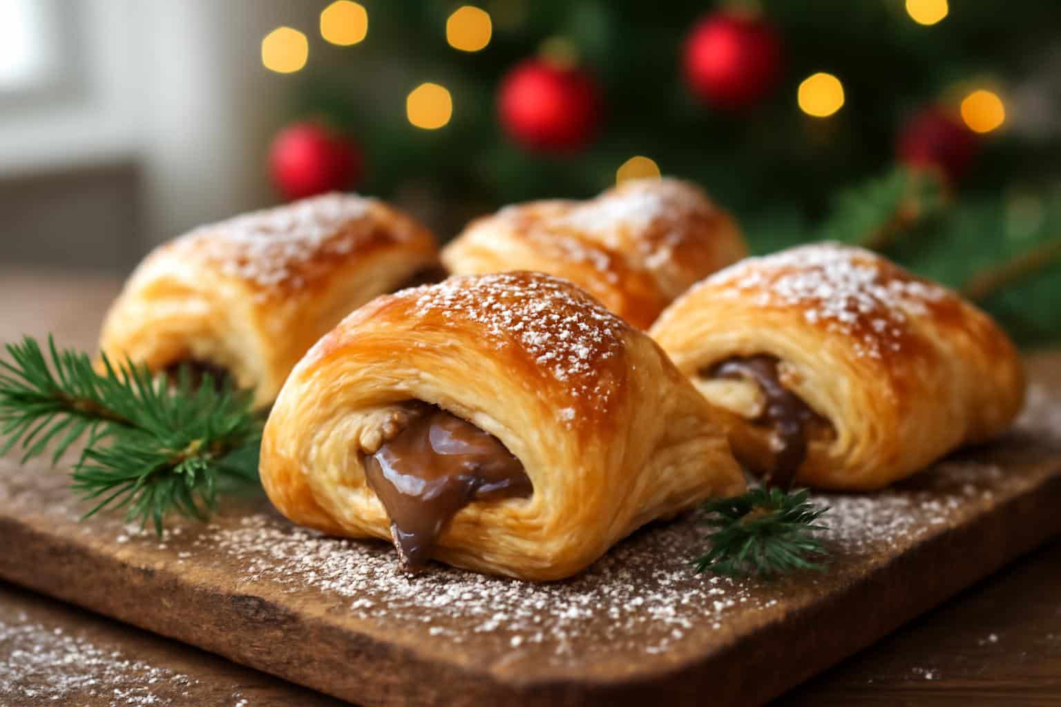 Close-up of crispy homemade Christmas Nutella pastries with creamy filling and powdered sugar